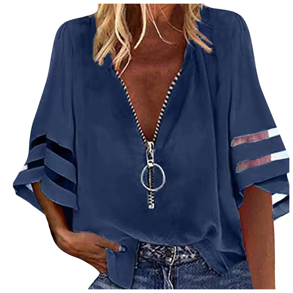 Women's Fashion Solid Colour Casual Loose Mid Sleeve Patchwork T-Shirt Top