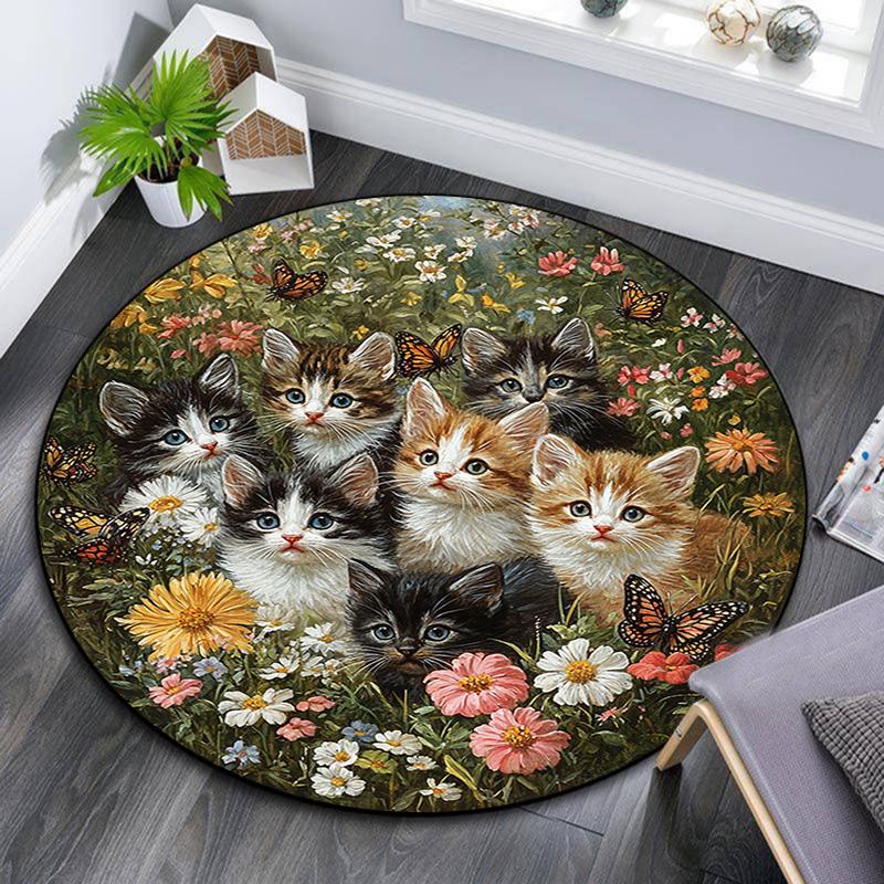 Котята в цветах Круглый ковер, Ковер для гостиной, спальни, дивана, игровой комнаты, Декор, Нескользящий коврик