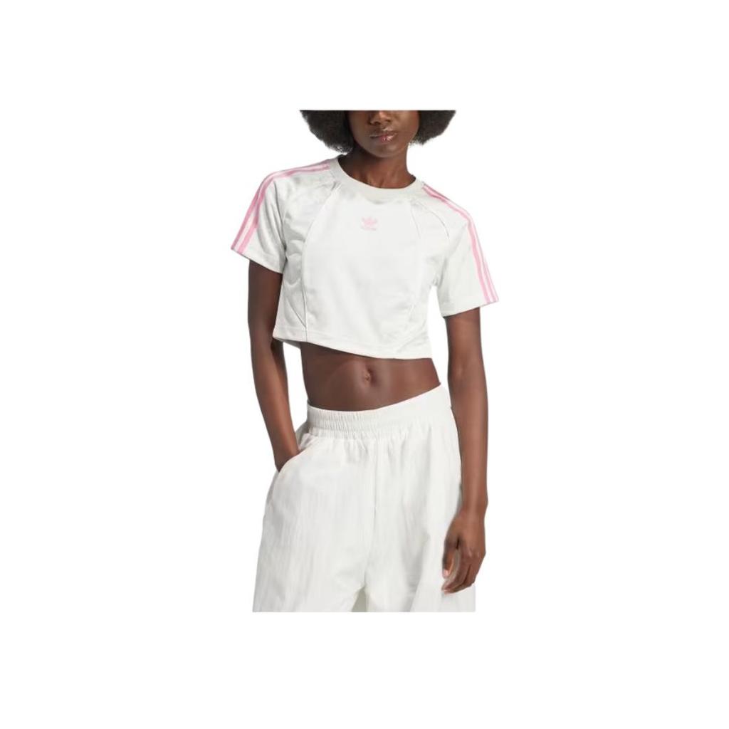 adidas Футболка Originals Baby Tea в полоску с круглым вырезом и коротким рукавом, облегающая, женская, белая IW5478