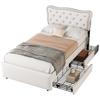 90*200 cm Flat Bed, Upholstered Bed, Headboard Upholstery with Decorative Rivets, Double Drawers, Light Beige