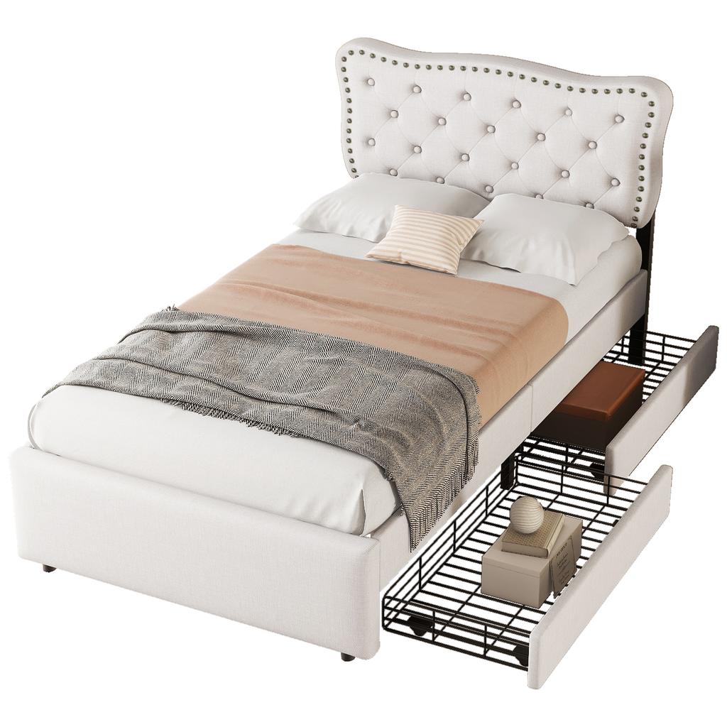 90*200 cm Flat Bed, Upholstered Bed, Headboard Upholstery with Decorative Rivets, Double Drawers, Light Beige