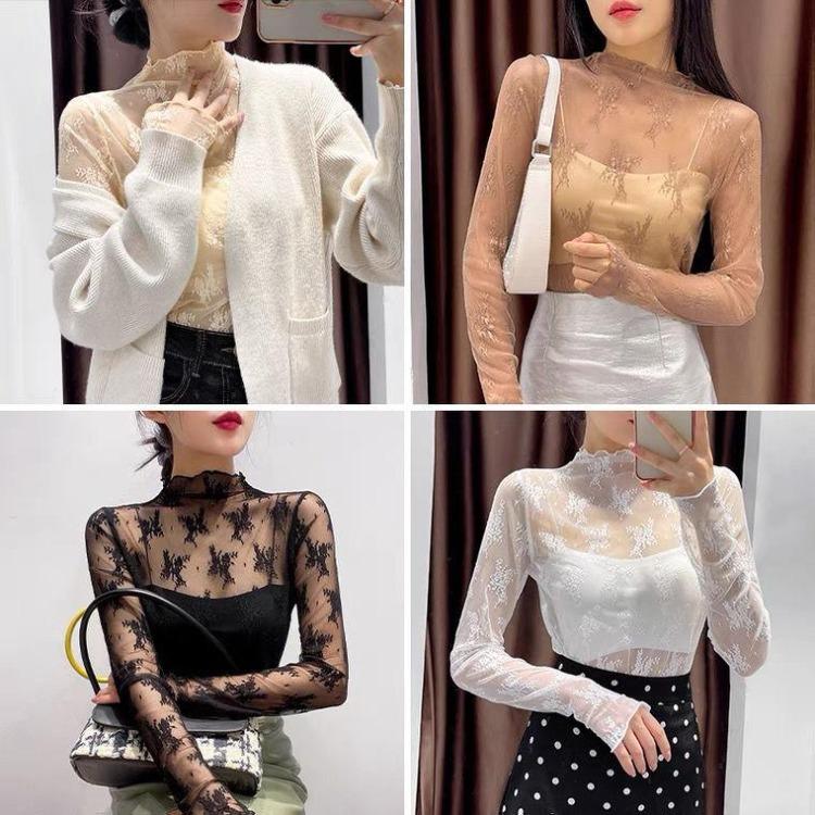 Sheer Mesh T Shirt Women Long Sleeve Turtleneck See Through Transparent Tops Lace Crop Slim Ladies Silk T Shirt