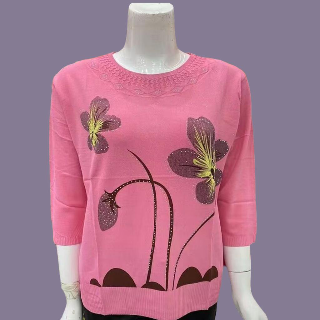 Spring Summer Women's Ice Silk Plus-Size Sweater Thin Round Neck Loose-Fit Printed Pullover Sweater 3/4sleeve Knitwear