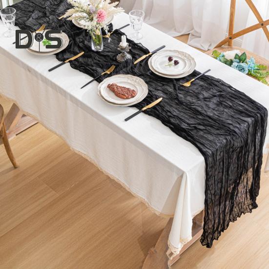 Дорожка для стола на свадьбу, марлевая, в стиле Хэллоуина, плиссированная, чистого черного цвета, устойчивая к пятнам, многоразовая, для защиты стола, украшения, для банкета, выпускного вечера