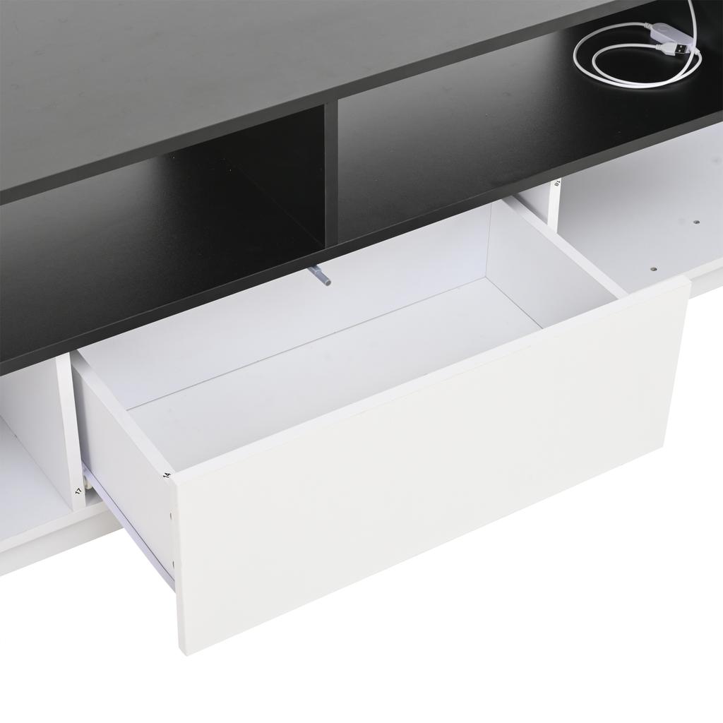 180*40*48cm Freestanding TV Cabinet with LED Light, L-Shape and Drawers, High-Gloss White, Suitable for 75-Inch TVs, White+Black