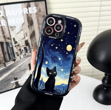 Чехол для телефона с рисунком «Звездная ночь» и черным котом для Samsung S25 S24 S23 S22 S21 S20 FE Ultra Plus 5G, силиконовый чехол
