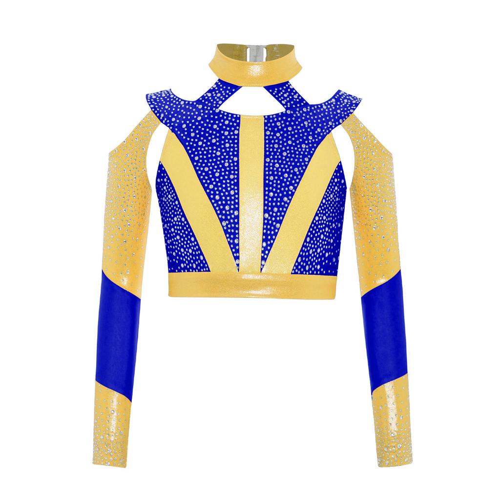 Girls Gymnastics Dance Top Long Sleeve Shiny Rhinestone Color Block Cross Back Cutout Crop Top