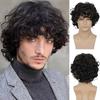 Synthetic Men Hair Fluffy Wigs With Bangs Black Brown Short Curly Layered Wig for Daily Party Heat Resistant Wigs