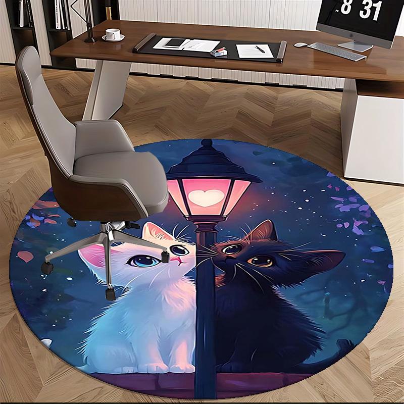 1pc Anime Design Round Carpet Cute Cat Couple with Heart Shaped Light Fixture, Office Chair Mat, Non Slip Rug for Home Decor