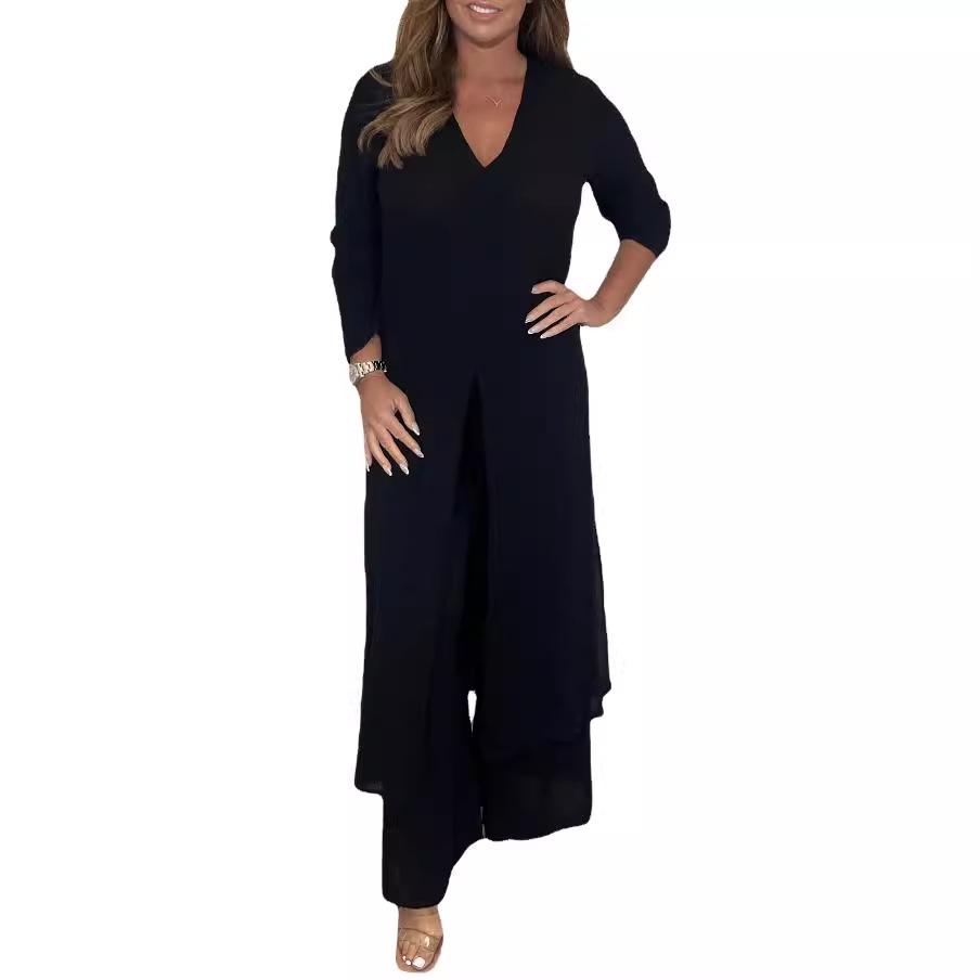 Stylish 2025 Women's European & American Slit Top with Long Pants Set