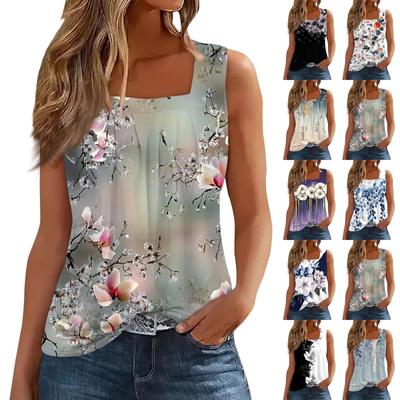 Женская плиссированная майка без рукавов с квадратным вырезом и растительным принтом