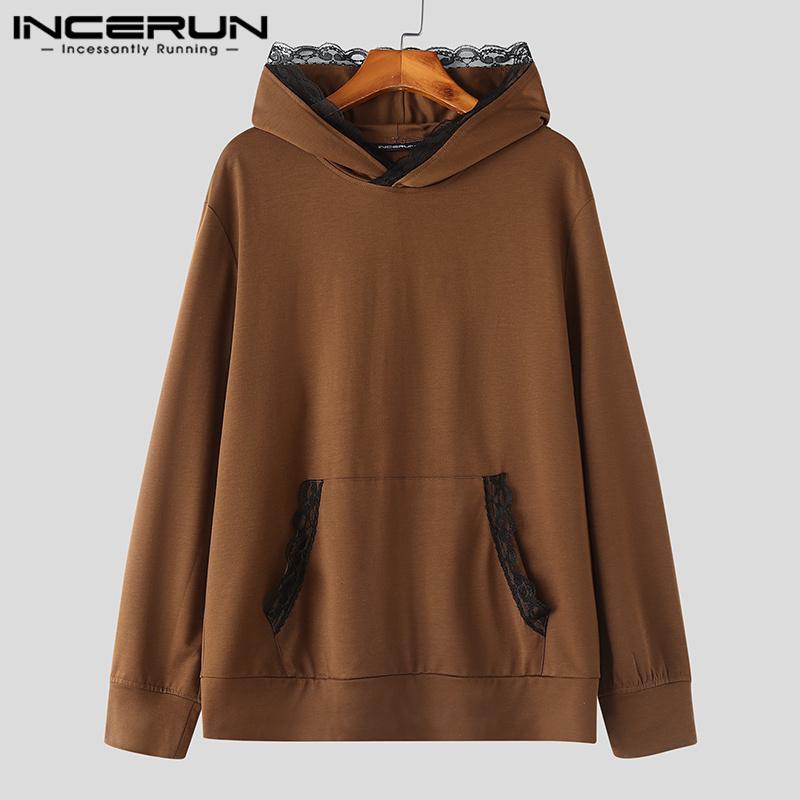 INCERUN Мужские толстовки с капюшоном с длинным рукавом и кружевным подолом, повседневные толстовки с капюшоном