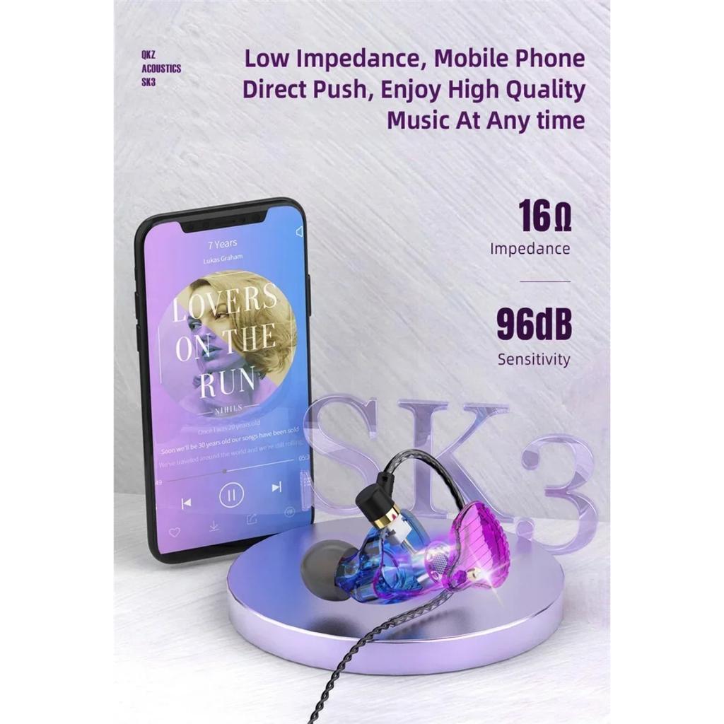 QKZ SK3 3.5mm Wired Earphone with Microphone HiFi Music Monitor Bass Headphone Noise Cancelling Headset for Sport Gaming Earbuds