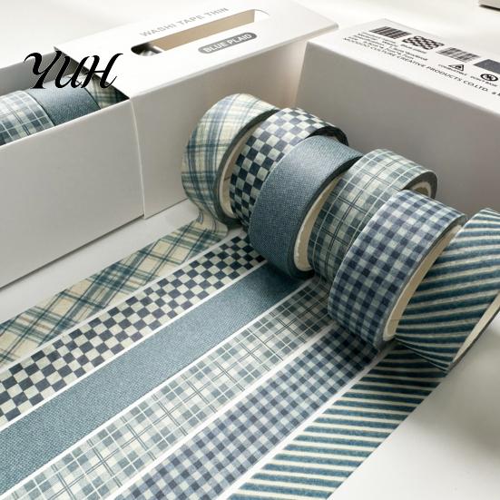 Crafting Washi Tape Rolls 6 Plaid Set, Grid Checkered Pattern Masking Tape, Self Literary Art Style Adhesive Decorative for DIY Crafts, Journal,