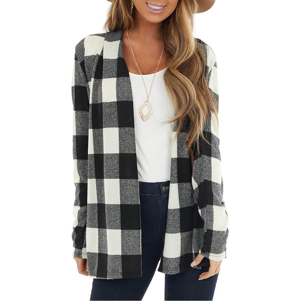 Women's Plaid Print Patch Patchwork Cardigans Open Front Long Sleeve Coat