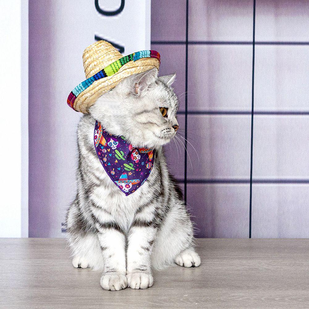 Puppy Cat Straw Woven Sun Hat Cap Mexican Sombrero Cute Adjustable Dogs Costume Pet Supplies