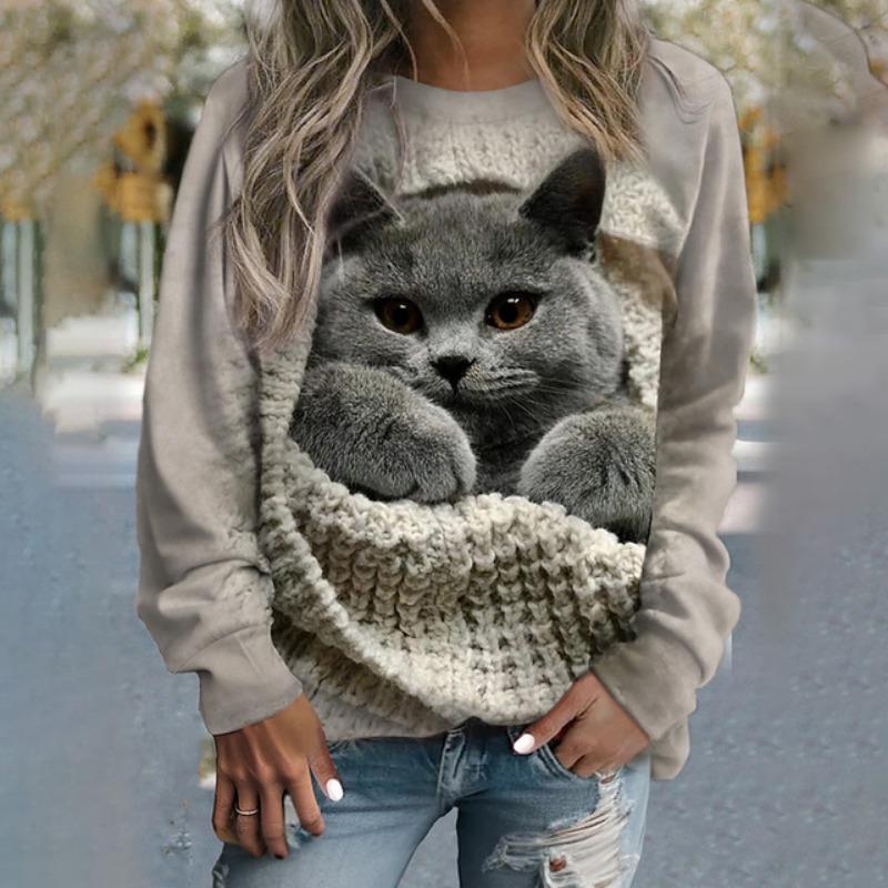 3D Милый Кот Принт Длинные Рукава Рубашки Весна И Осень Смешные Зимние Топы Стиль Кавайи Уличная Одежда Толстовки Свитшоты Для Женщин