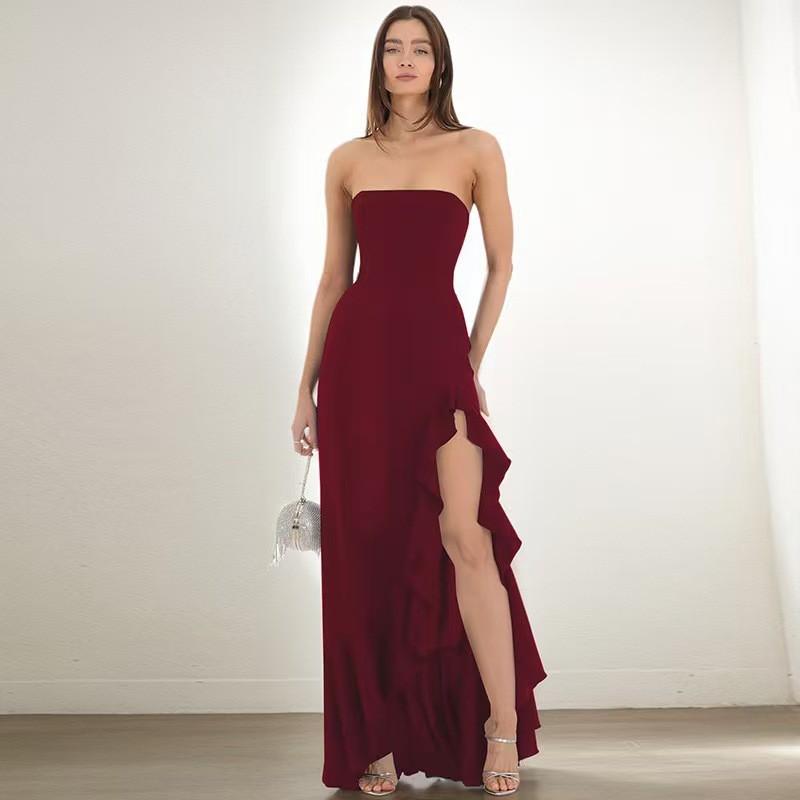 Strapless Evening Dress With Ruffle Side Slit Solid Color Slim Fit Long Gown Women
