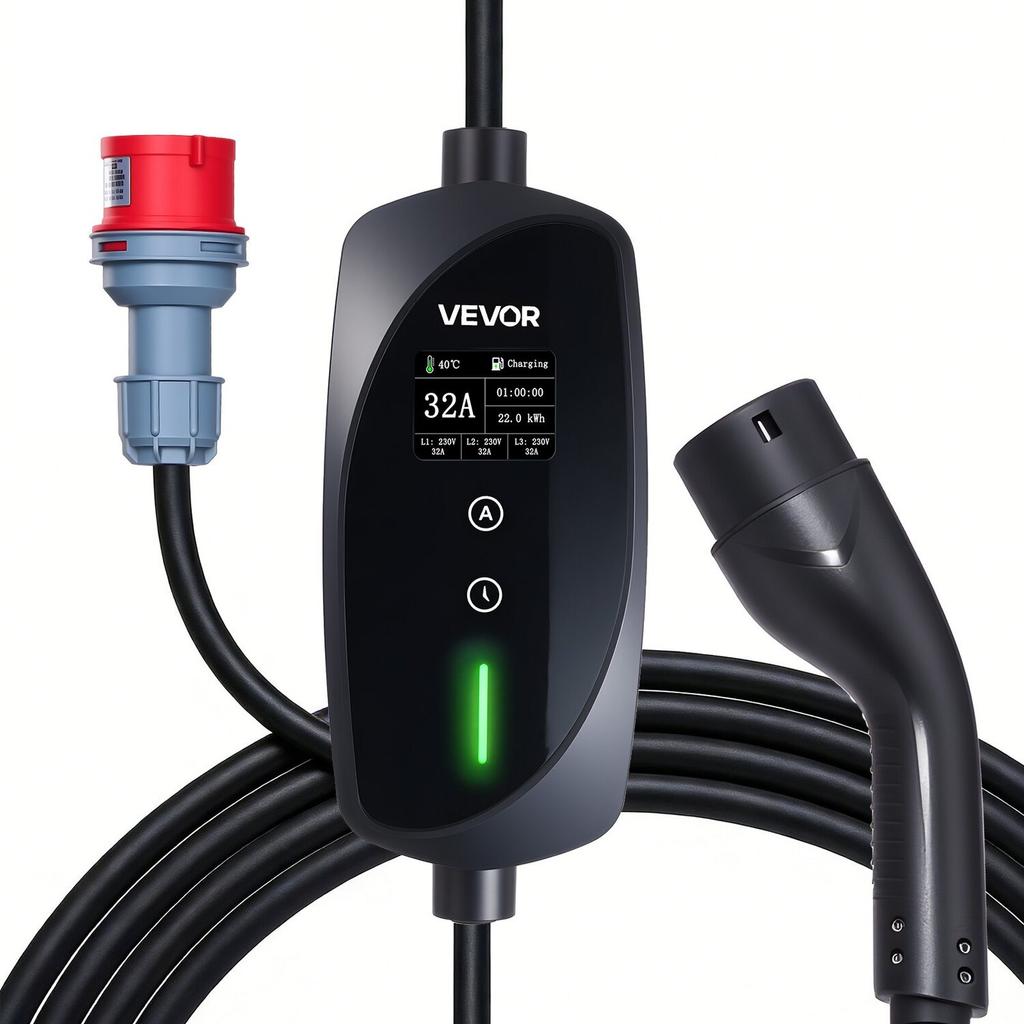 Mobile Wallbox, 22 kW 32A, Type 2 Portable EV Charger, 3 Phase Electric Vehicle Car Charger with 7 m Charging Cable, CEE32 Plug, LCD Screen,