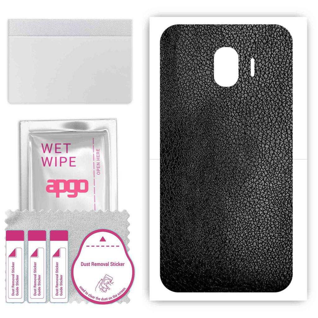 apgo Protective Skin Sticker for the Back Compatible with Samsung Galaxy J2 Pro (2018), Wrap Film, Foil, Vinyl - Pattern Black Leather