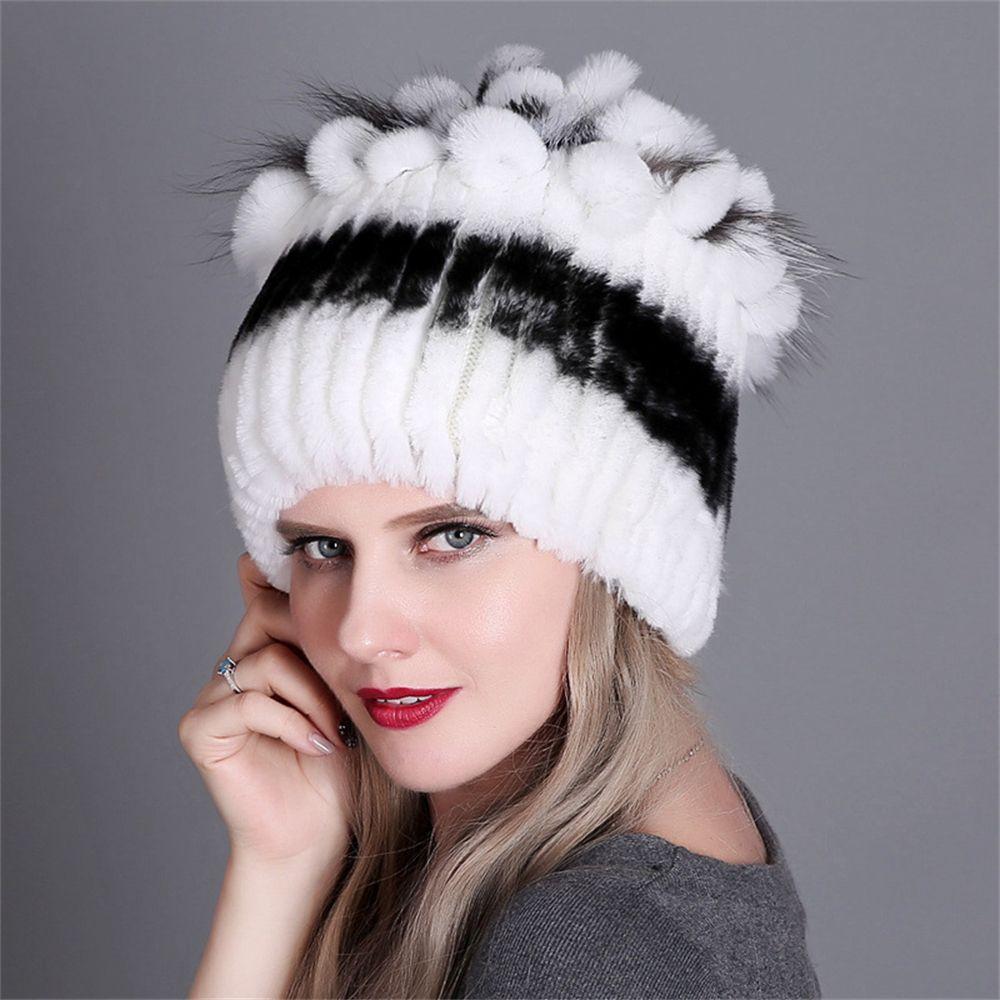 Real Fur Beanies Hat Russia Women Warm Real Rex Rabbit Fur Hats Rabbit Fur Cap Elastic Knitted