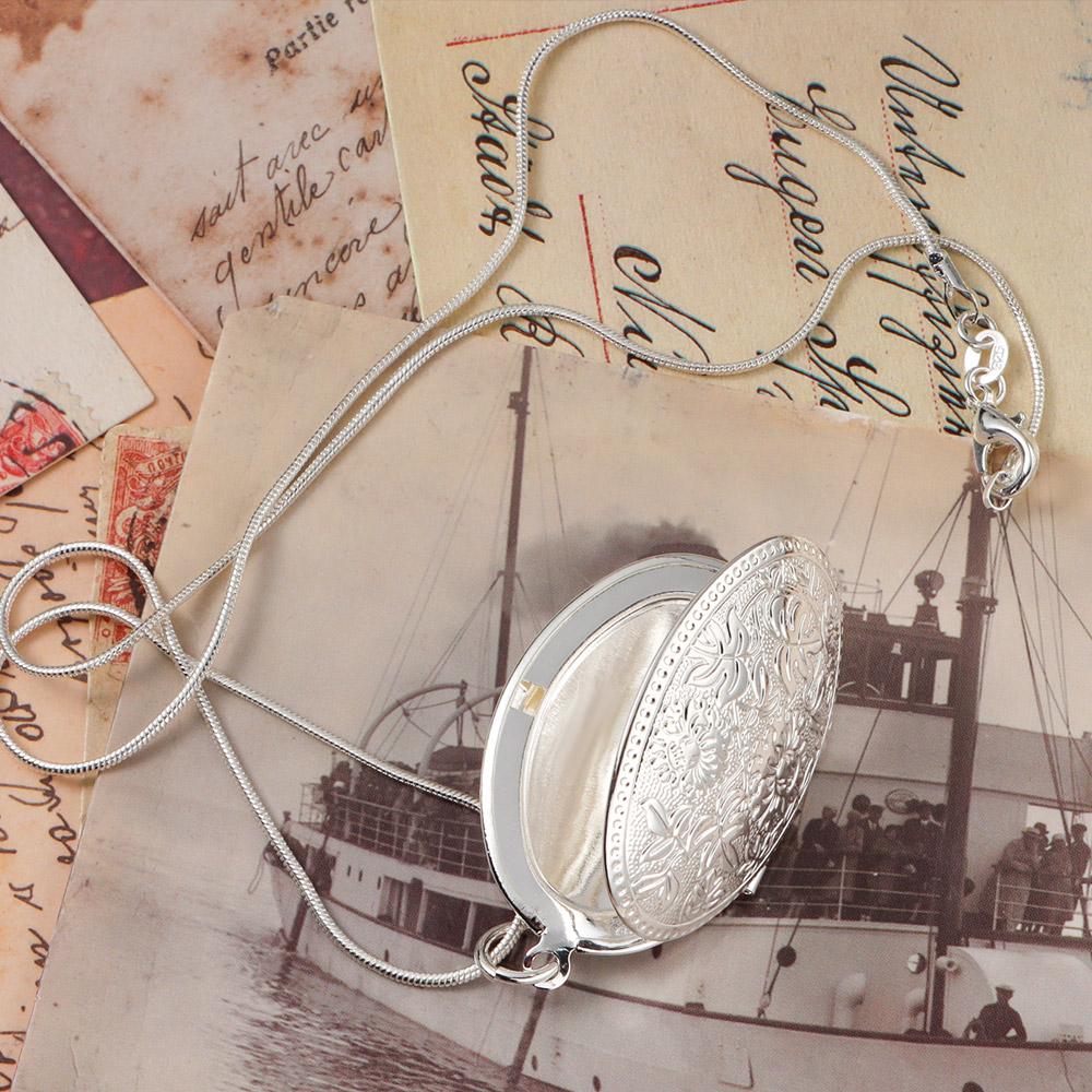 Fashion Sanke Chain Women’s Necklace Photo Locket Round Box Pendant Silver Plated