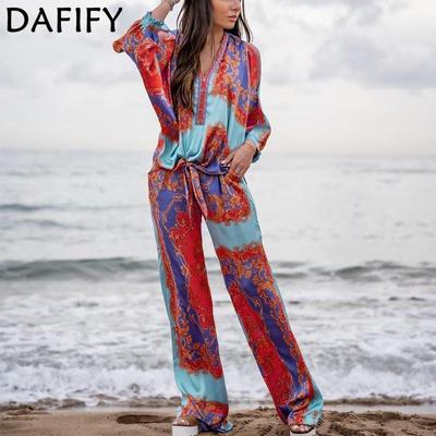 Женские модные повседневные летние весенние брюки в богемном стиле с длинными рукавами и v-образным вырезом, брюки, костюмы