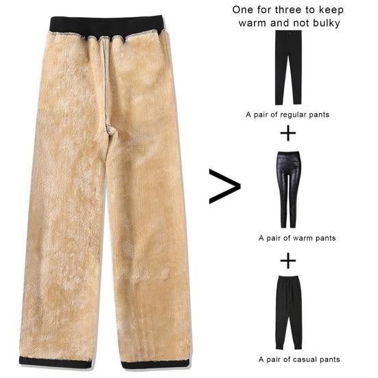 Women Autumn Winter Fleece Lining Pants Elastic High Waist Straight Wide Leg Pants Solid Color Loose Fit Long Trousers