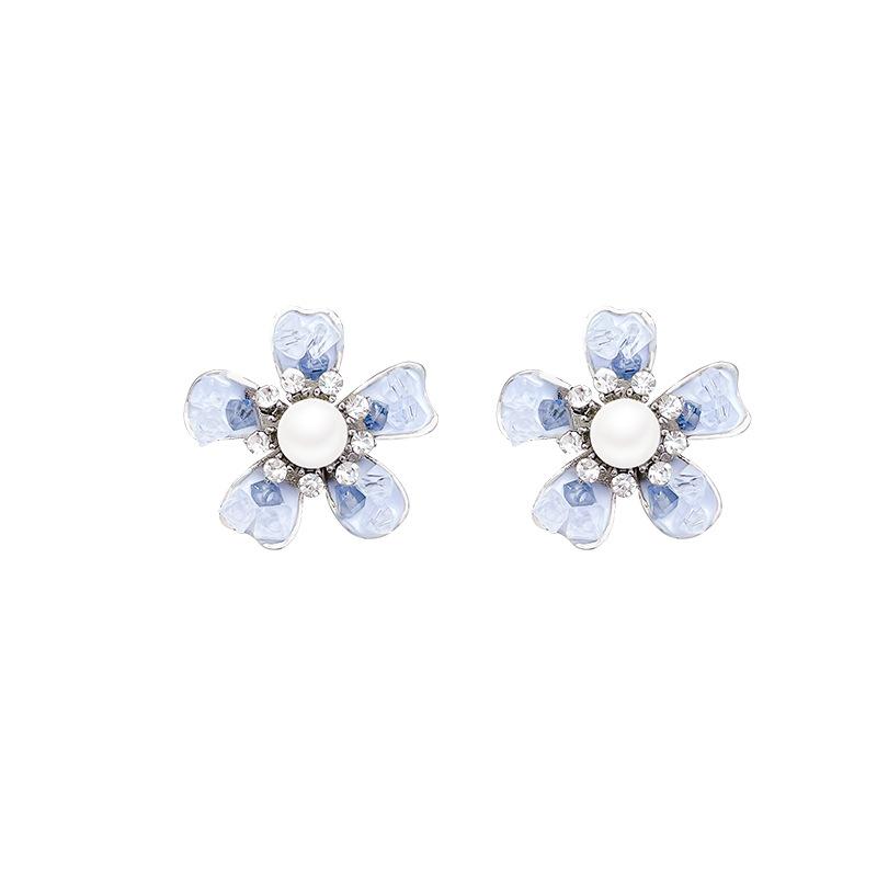 Gradually change blue flower pearl earrings women's light luxury high sense super fairy temperament earrings silver needle summer earrings