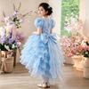 Girls Formal Dress Toddler Kids Party Gown Long Train 3D Rose Puff Sleeve Tulle Skirt Dance Performance Princess Style