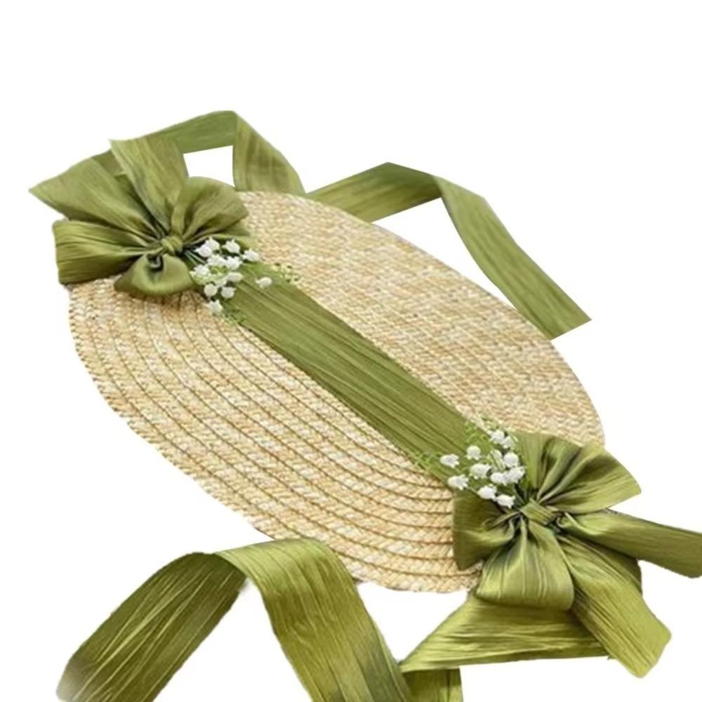 French Rural style Lolita Straw Hat Ribbon Bow Ruffle Lace Girl Sun Hat Handmade With Strap Ribbon Flower Flat Top Hat