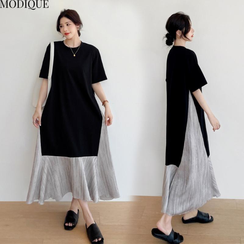 MODIQUE Summer Plus Size New Women Basic Loose Minimalist Patchwork Pleated Long Dresses Female Casual Short Sleeve O-Neck Dresses