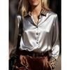 Womens Vintage Style Long Sleeve Satin Blouse With Leopard Print Color Block Design