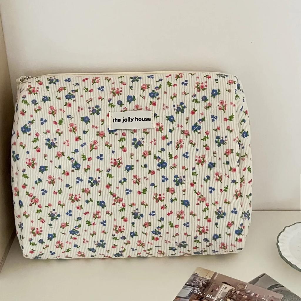 Storage Makeup Case Bags Women's Lovely Floral Stitching Corduroy Cosmetic Bag for Skin Care Ltems Lipsticks Accessories