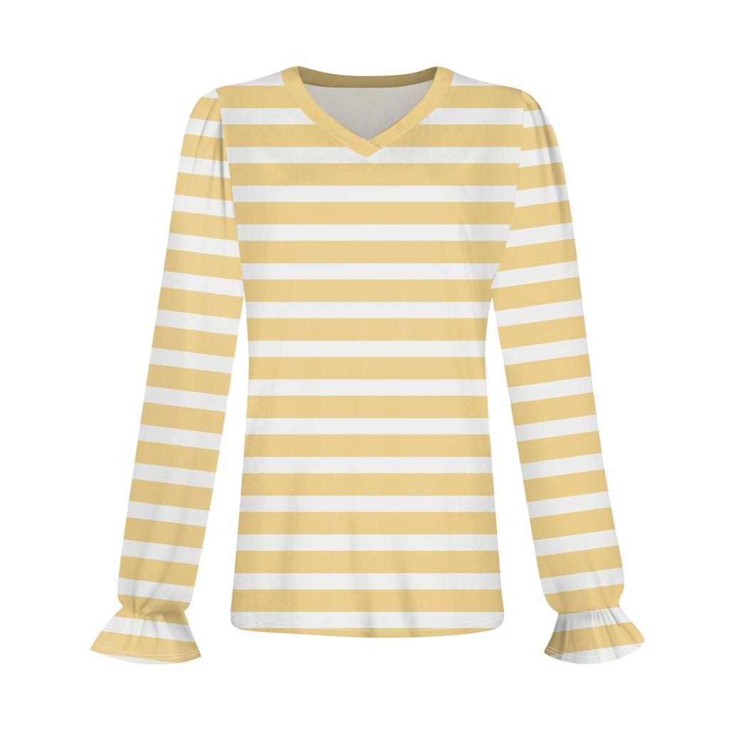 Women's Daily Casual Long-sleeved Striped Printed V-neck Top