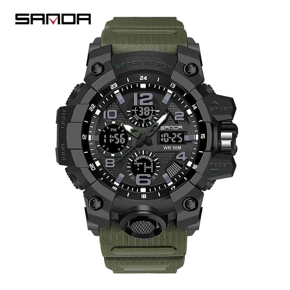 SANDA 6021 Светодиодные двойные дисплеи Кварцевые наручные часы Мужские цифровые часы Военный секундомер Reloj Hombre Спортивные часы для мужчин Водонепроницаемые