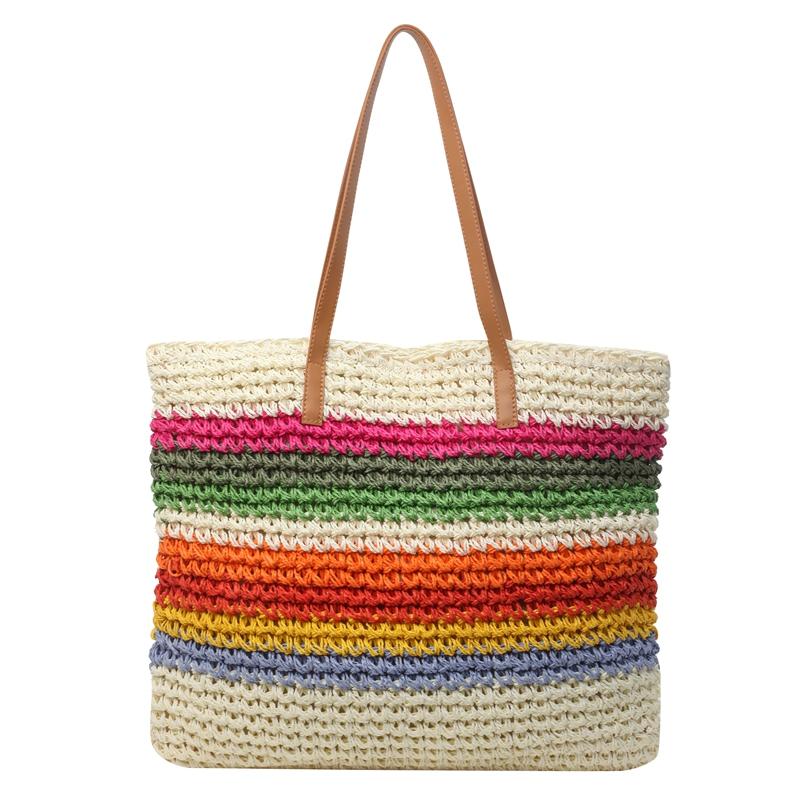 Straw Braid Large Capacity Shoulder Bags 2024 Fashion Casual Rainbow Color Matching Bags for Women High Quality Summer Style
