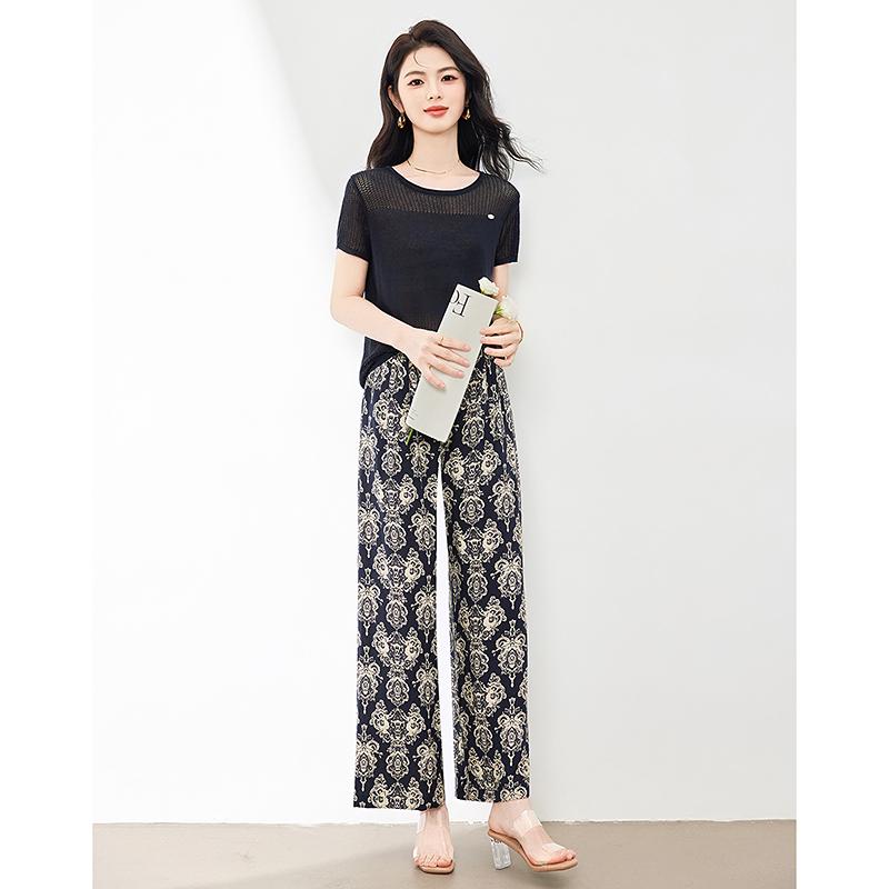 Lazy style loose hollow solid color top+printed casual pants two-piece set
