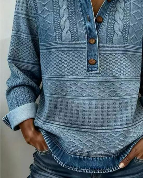 Женская вязаная рубашка с лацканами и длинным рукавом в европейском стиле 2025 года - Универсальная повседневная рубашка с пэчворком из денима для осени/зимы