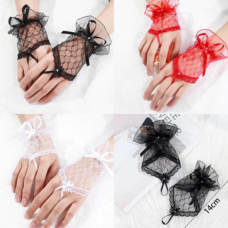 Fashion Lace Fingerless Tulle Short Gloves Ultra Thin Stretchy Mesh Bride Vintage Bowknot Wedding Party Wrist Gloves Accessories
