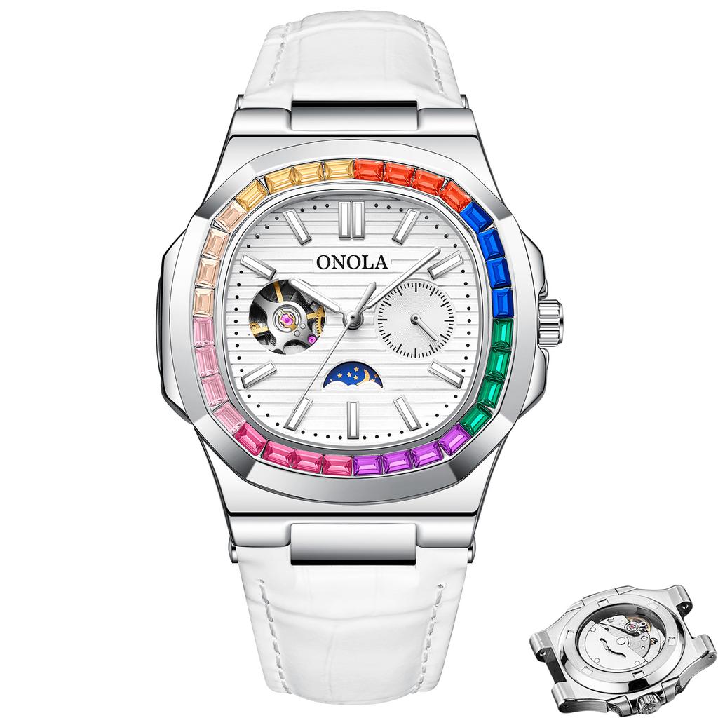 Tourbillon Hollowed Out Fully Automatic Mechanical Watch Men's Diamond Studded Moon Phase Dial Waterproof Luminous Watch Holiday Gift Watch