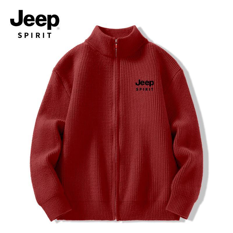 JEEP SPIRIT Men's Thickened Winter Red Knit Sweater