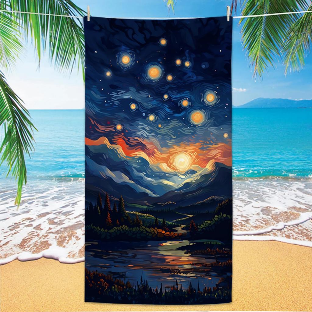 Starry Night Over Rhone Beach Towel, Van Gogh Print Quick Dry Anti Sand Lightweight Microfiber for Swim Travel Yoga