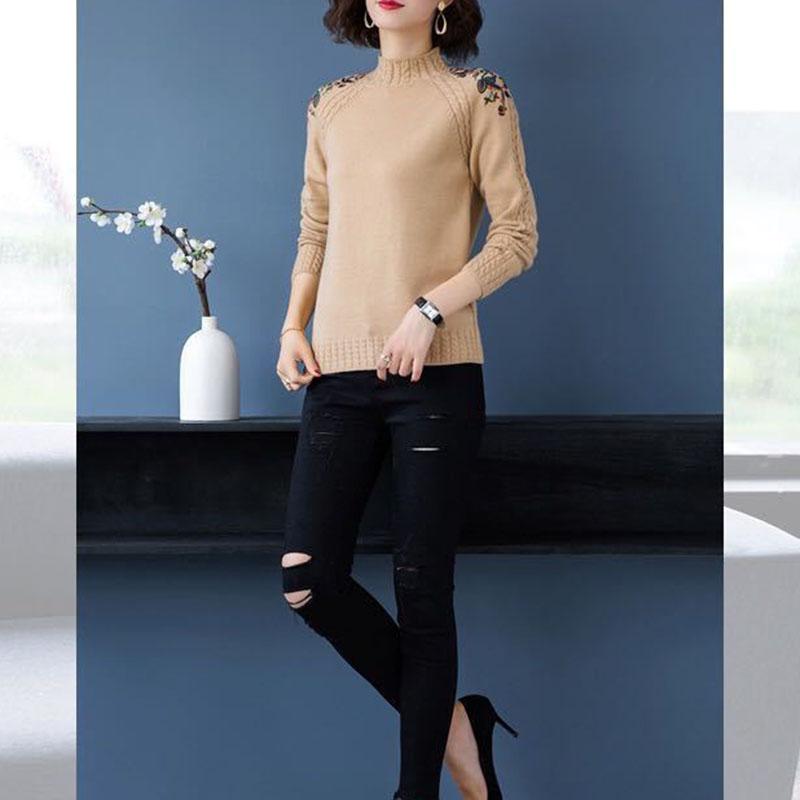Autumn and Winter, Women's Sweater, Thickened, Warm, Short, Half Turtleneck, Sweater, Loose, Large Size, Embroidered, Pullover, Sweater