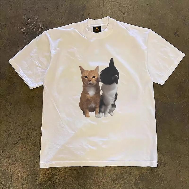 Retro Cat And Dog Cartoon Print Unisexs And Unisexs Fashion Trend Short Sleeved Summer New Soft Skin Friendly Round Neck Tshirt