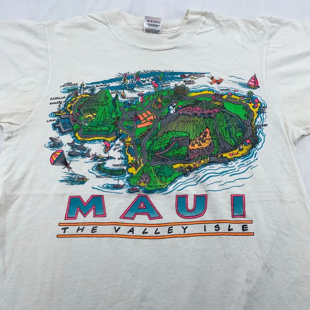 Винтажная футболка 90-х MAUI HAWAII THE VALLEY ISLE РАЗМЕР S серфинг пляж арт карта