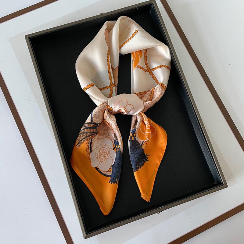 Satin Printed Square Scarf Silk Scarf for Women National Style Floral Scarf Thin Neck Protection Versatile Professional Stewardess Scarf