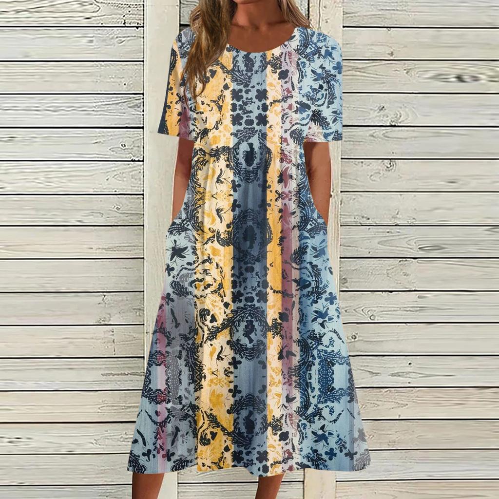 Жен. Повседневные платья Платья с принтами Летние платья С принтами Плиссированные платья-миди с круглым вырезом Классический Классический На открытом воздухе Повседневные С короткими рукавами Свободные платья