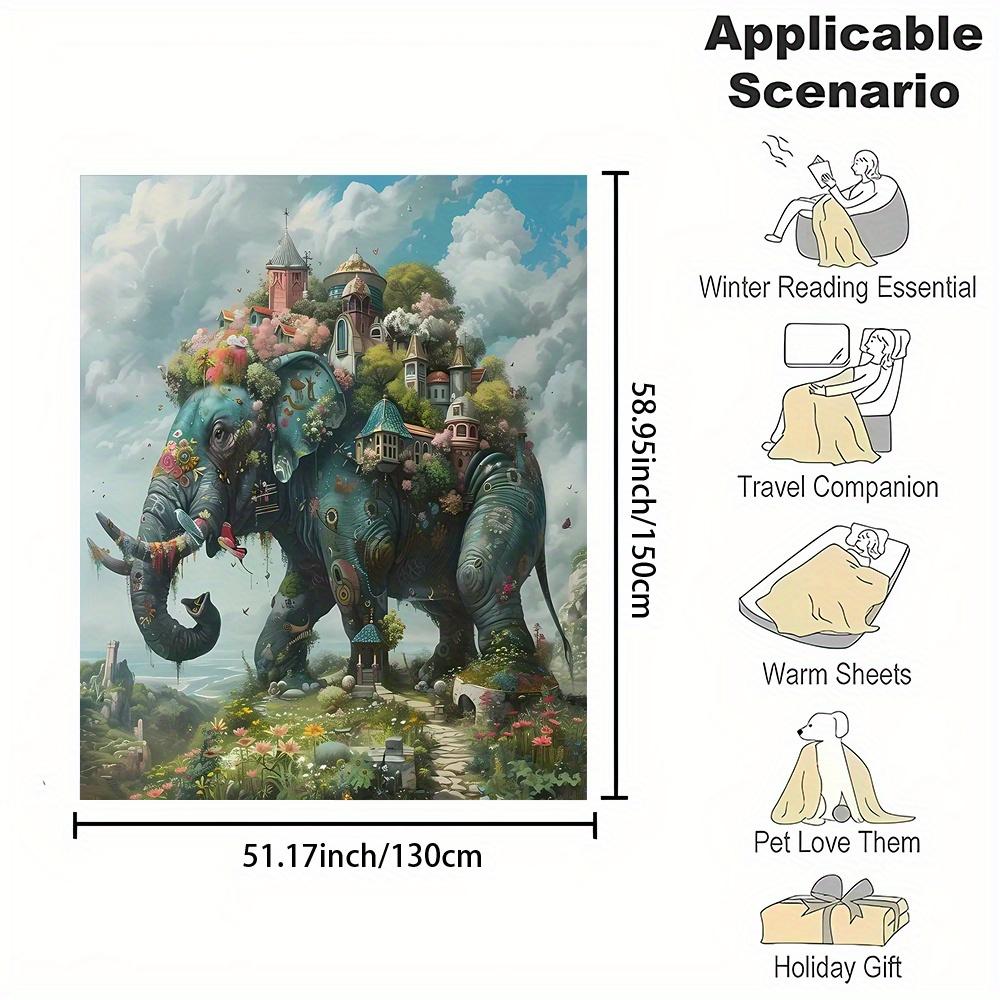 Mythical Elephant with Castle Print,Flannel printed blanket suitable for all seasons suitable for living room office sofa travel