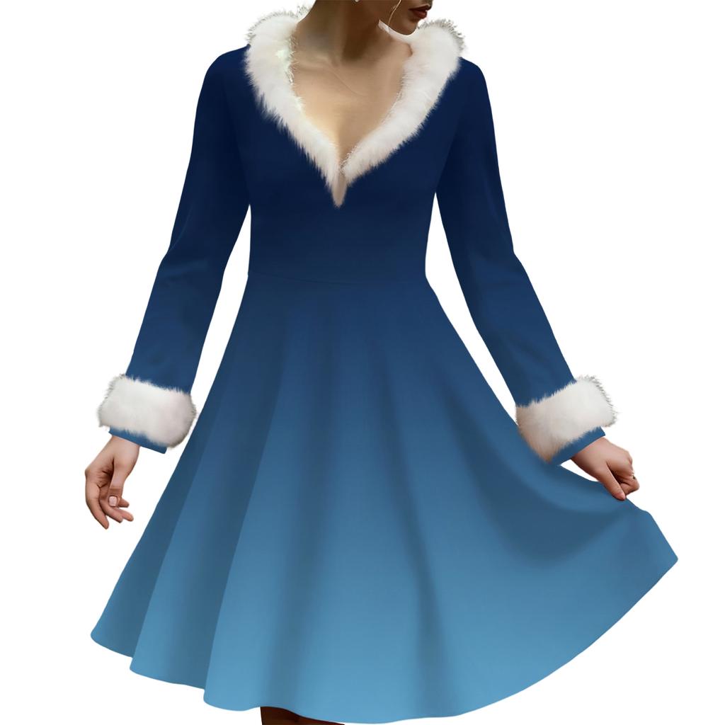 Женское повседневное платье с V-образным вырезом, рождественским принтом, плюшевыми длинными рукавами